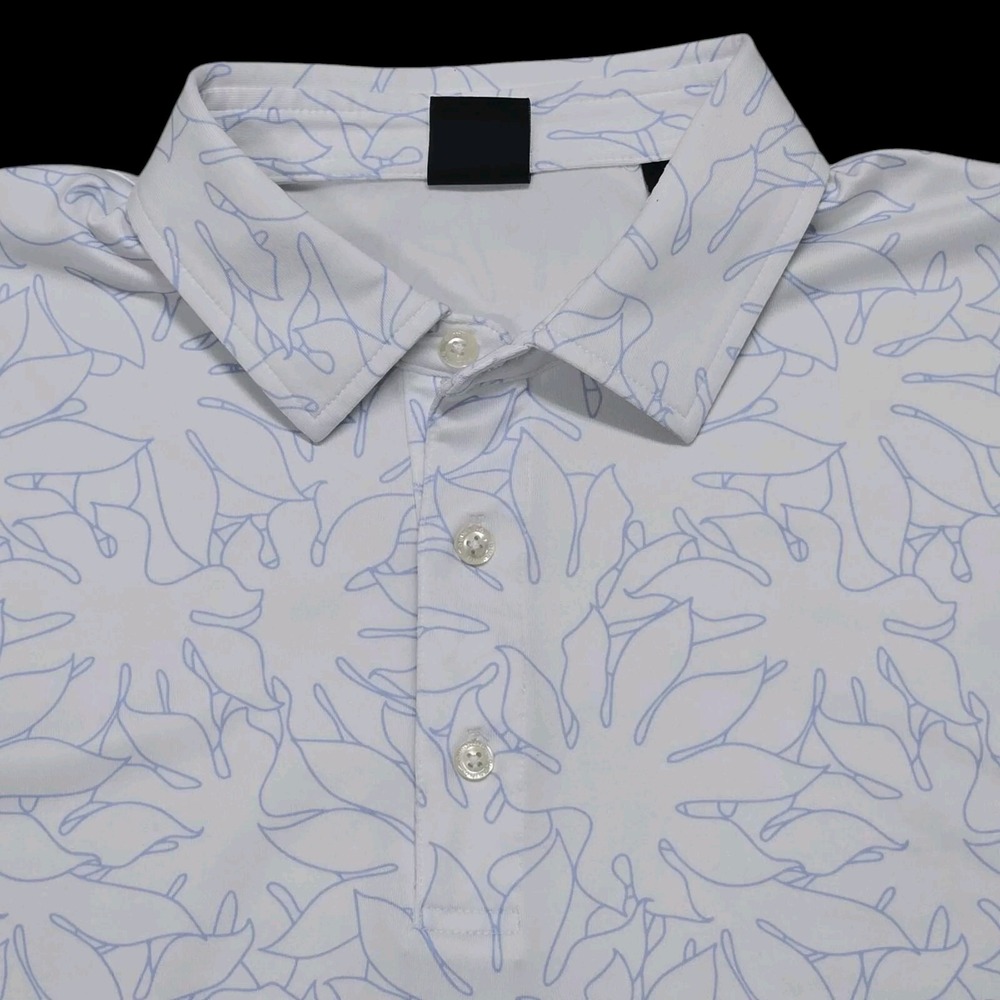 Dunning Golf Polo Shirt Men's XL White w Blue Abstract Floral Print Performance